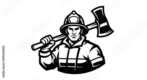 Firefighter Holding Axe on Shoulder Illustration.
