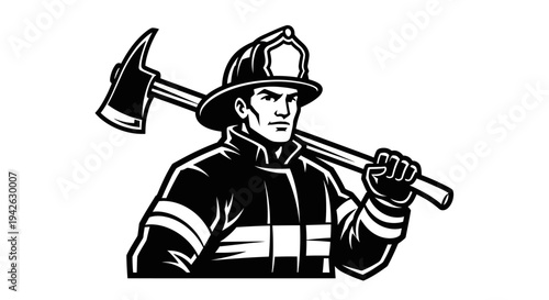 Firefighter Holding Axe on Shoulder.