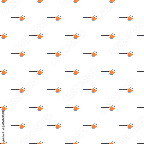 Seamless pattern of orange and black leaf blowers repeating on white background