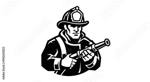 Firefighter Illustration Holding Fire Hose Nozzle.