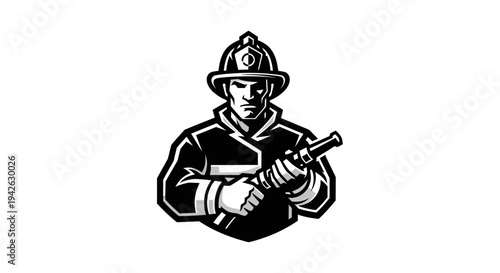 Firefighter Illustration with Fire Hose Equipment.