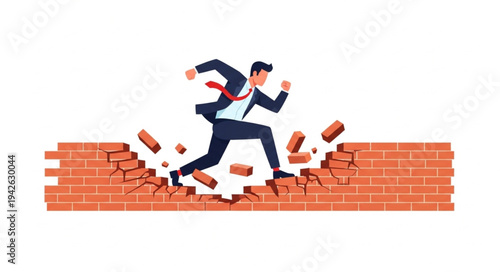 Businessman Breaking Through Brick Wall.