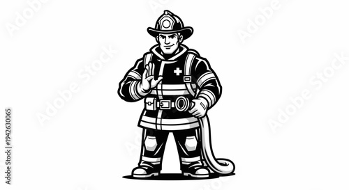 Firefighter Standing with Equipment and Hose.