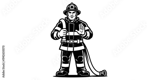 Firefighter Standing with Helmet and Hose.