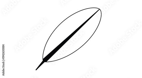 Minimalist black and white outline of a bird feather showing elegant curves and fine lines of natural avian anatomy and flight.
