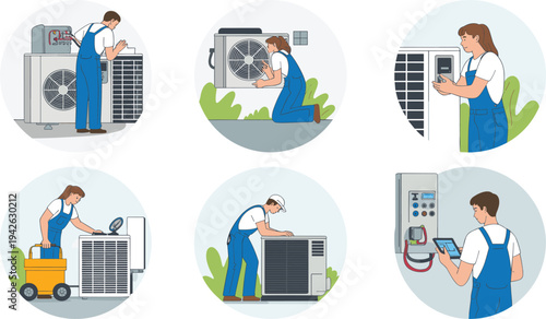 HVAC technician service set, air conditioner repair, maintenance inspection, cooling system installation, professional climate control vector illustration