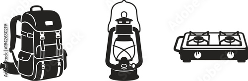 Essential Camping and Outdoor Adventure Gear Silhouette Set Featuring a Travel Backpack Kerosene Lantern and Portable Gas Stove