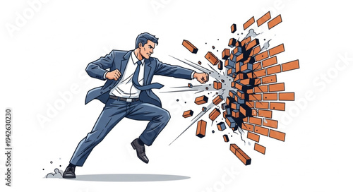 Businessman Breaking Through Brick Wall.