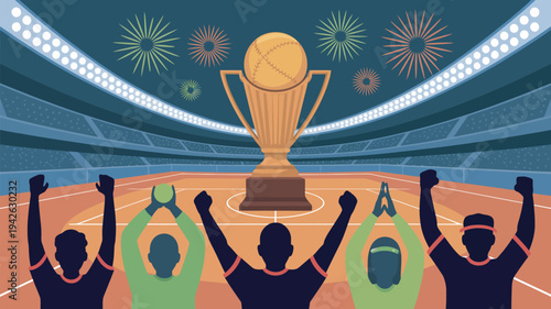 A group of victorious tennis players celebrating with a trophy in a stadium