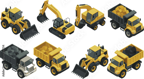 Isometric construction machinery set, excavators, loaders and dump trucks, heavy equipment for mining, excavation and building industry