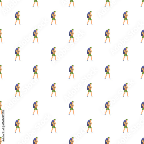 Seamless pattern featuring a hiker walking with a backpack and hat
