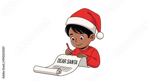 Young boy wearing a red santa hat sitting down to write his christmas wish list on a long scroll addressed to dear santa.
