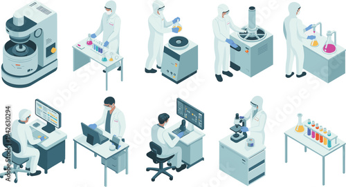 Isometric laboratory scientists set, medical research, microscope analysis, chemical experiments, biotechnology lab equipment and scientists vector illustration