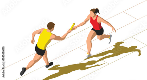 Isometric relay race baton exchange, male and female runners passing baton on track, athletics teamwork competition vector illustration