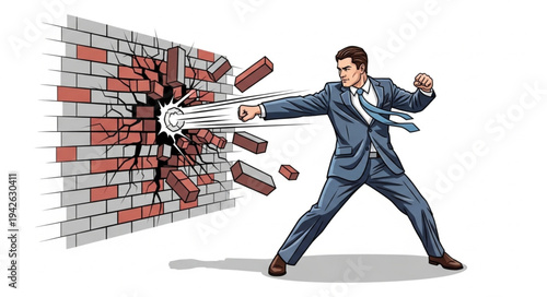 Businessman Breaking Through Brick Wall.