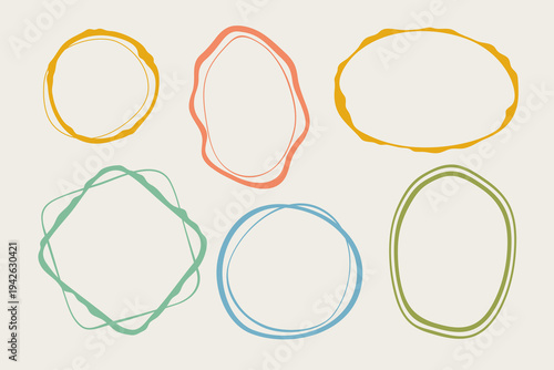 Hand-drawn coquette doodle frames set, colorful shapes cadre vintage modern whimsical edgings elements, elegant geometric trend stamps flirting girly style design. Isolated. Vector illustration