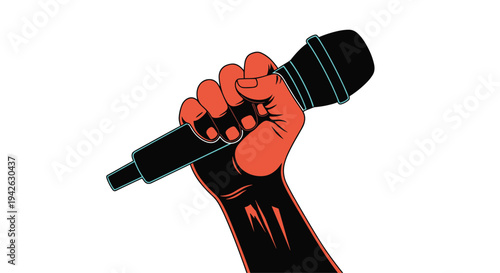 Powerful red and black graphic illustration shows a clenched fist firmly holding a wireless microphone against a white background.
