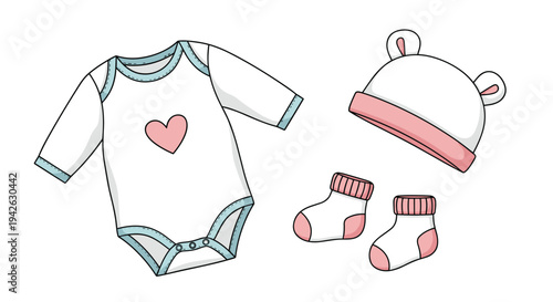 Adorable baby clothing set includes a white bodysuit with a pink heart, matching socks, and a cute hat with bear ears.