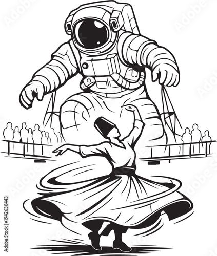 Vector outline of art installation dancer spinning under giant astronaut sculpture, flowing skirt motion blur.
​