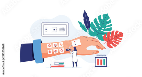 Conceptual illustration of skin allergy testing with a tiny doctor examining reaction patches on a large human arm.
