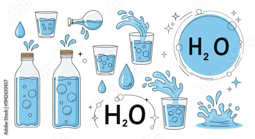 Various water illustrations featuring glass bottles, drinking glasses, splashes, droplets, and the chemical formula H2O.