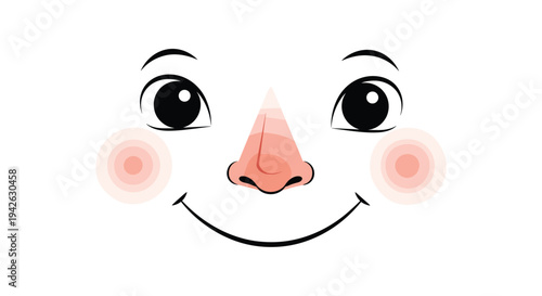 Friendly cartoon illustration of a happy childs face with a wide smile rosy cheeks and large dark eyes for kids related content and media.