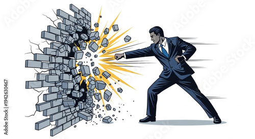 Businessman Breaking Through Brick Wall.