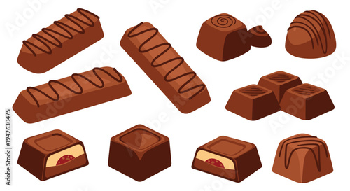 Collection of gourmet chocolate pieces including bars with drizzles and filled pralines in various shapes and designs.