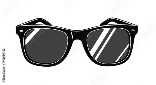 Classic black wayfarer style sunglasses with dark tinted lenses and white reflections isolated on a plain background.