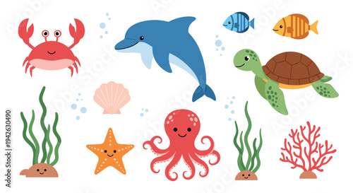 Cute underwater world illustration featuring a dolphin, crab, sea turtle, octopus, starfish, fish, and marine plants.