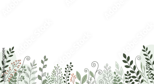 Delicate horizontal border of various green hand-drawn botanical leaves and branches along the bottom of the frame.