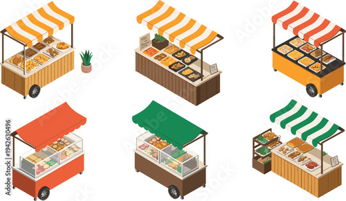 Isometric street food market stalls set, bakery, snack, vegetable kiosks, outdoor vendor carts, local food market vector illustration