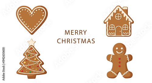 Selection of traditional gingerbread cookies including a heart house christmas tree and gingerbread man with frosting.