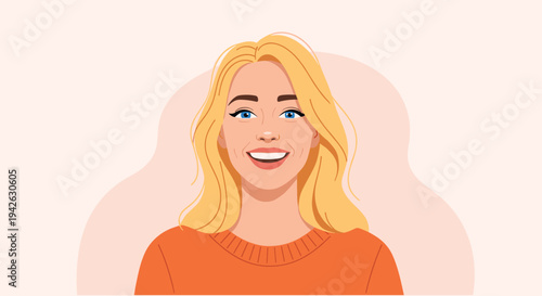 Portrait of a cheerful young woman with long blonde hair and a wide smile wearing a cozy bright orange sweater.