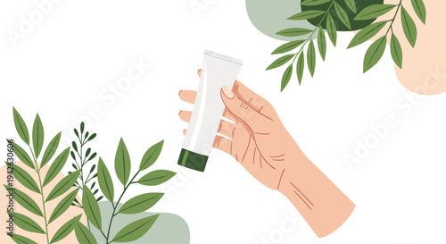 Hand holding a white cosmetic tube with a green cap surrounded by artistic botanical leaves and abstract shapes.