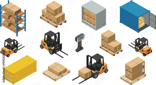 Isometric warehouse logistics set, forklift trucks, pallets, cargo boxes, shipping containers, storage racks, distribution industry vector illustration collection