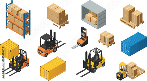 Isometric warehouse logistics collection, forklifts, pallets, cargo boxes, shipping containers, storage racks, supply chain distribution vector illustration set