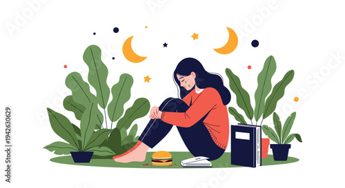 Melancholic illustration of a girl crying and sitting on the ground surrounded by plants moon and stars at night.