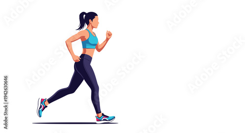 Side view of a fit young woman with a ponytail running or jogging wearing a bright blue athletic top and leggings.