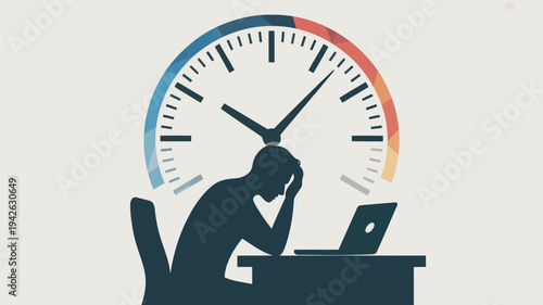 A stressed man sitting at a desk with a laptop and a large clock looming over him.