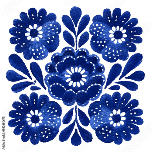 isolated clipart image of gouache blue floral folk scalloped stripes vertical geometric pattern tile vector icon monochrome simple logo for kids on a white