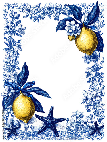 isolated clipart image of geometric blue frame citrus lemon fruits flowers leaves ribbon bow Hand drawn blue ink summer holiday wreaths Vintage Italian bac