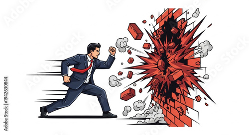 Businessman Breaking Through Brick Wall.