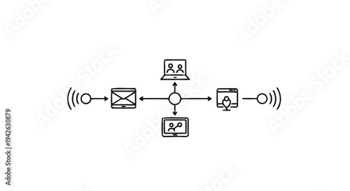 Network connection diagram with devices and wireless signals.