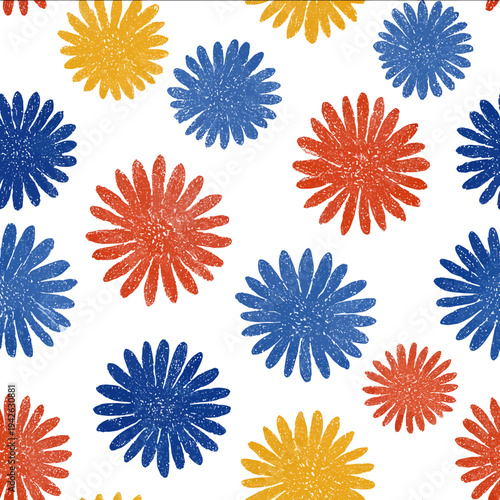 isolated clipart image of watercolor geometric plaid stripes sunrays flowers red blue yellow handpainted repetitive pattern linocut vector icon monochrome
