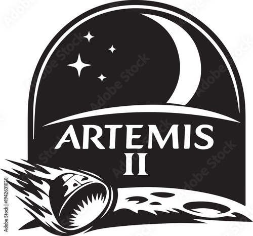 Minimalist black shape of Artemis II emblem with moon crescent and stars, astronaut boot print foreground.