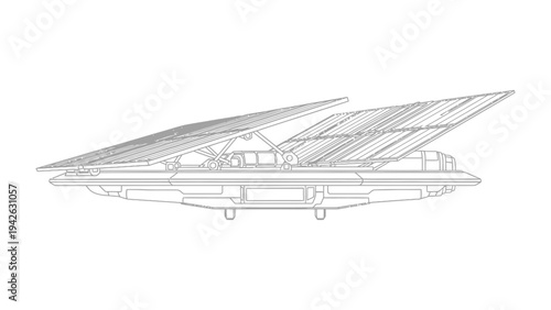 Solar Panel Blueprint: A detailed technical drawing illustrates a modern solar panel installation, showcasing its intricate design and advanced technology for renewable energy generation.