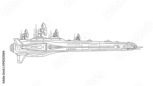 Illustration of Futuristic Spaceship: A detailed illustration of a futuristic spaceship design, featuring advanced technology elements and a sleek, modern aesthetic.