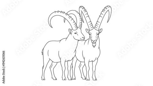 Mountain Goat Duo in Pen Sketch: A sketch depicts two majestic mountain goats with impressive, curved horns, standing side by side. Capturing the essence of alpine wildlife in a minimalist style.