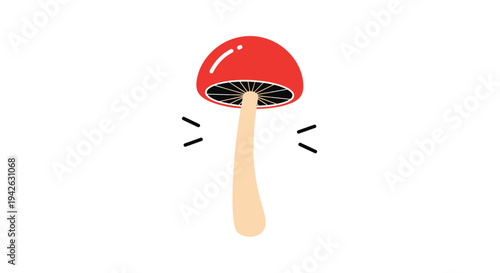 Simple cartoon illustration of a cute red mushroom with white spots and a tall tan stem isolated on a plain white background for kids.